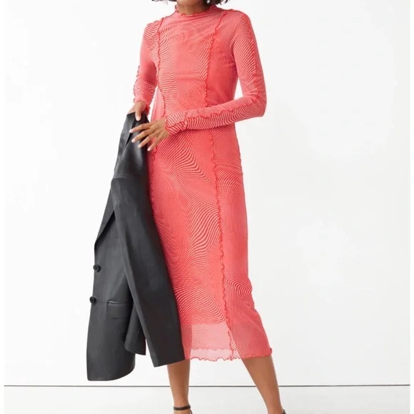 & Other Stories Printed Long Sleeve Mesh Midi Dress